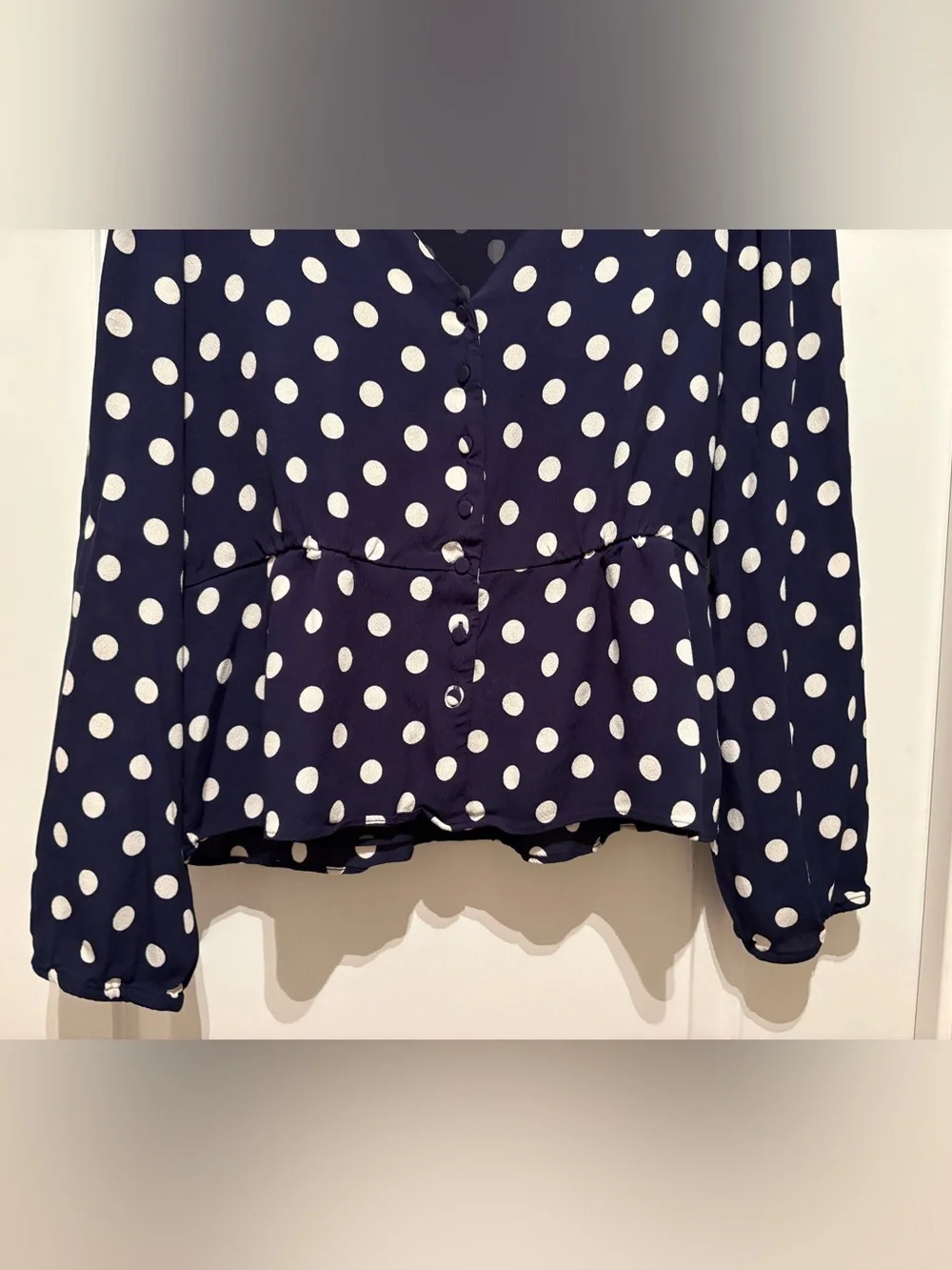 Women’s J. Crew long sleeve peplum top polka dots, button, side zip size 14